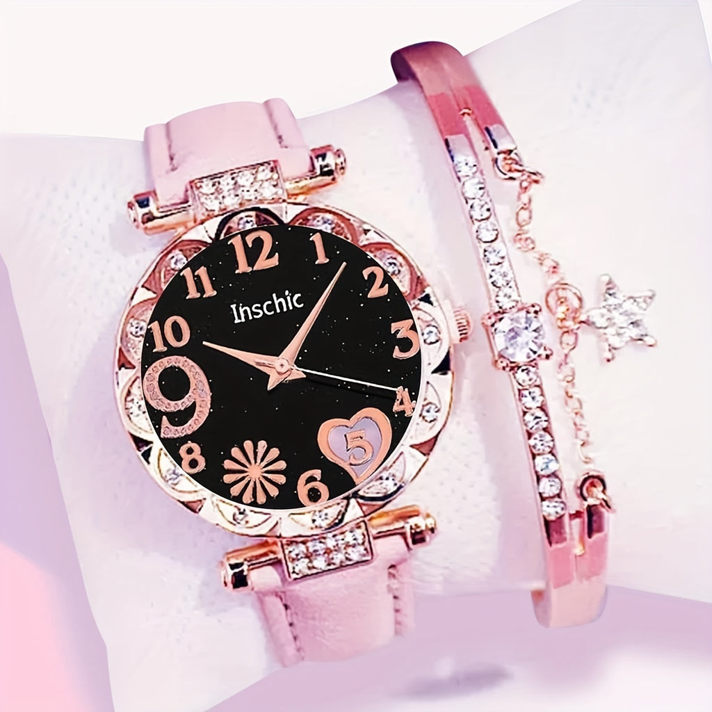 Girl Pink Watch And 1pc Rhinestone Bracelet, Gift For Friend FS