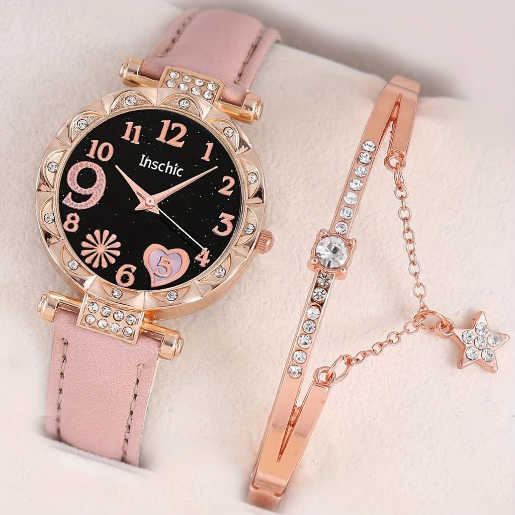 Girl Pink Watch And 1pc Rhinestone Bracelet, Gift For Friend FS