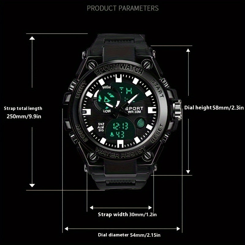 Sports Watch Men's Multifunctional, Luminous Display with Alarm, Chronograph & Stopwatch, Dual Movement, Rubber Case FS