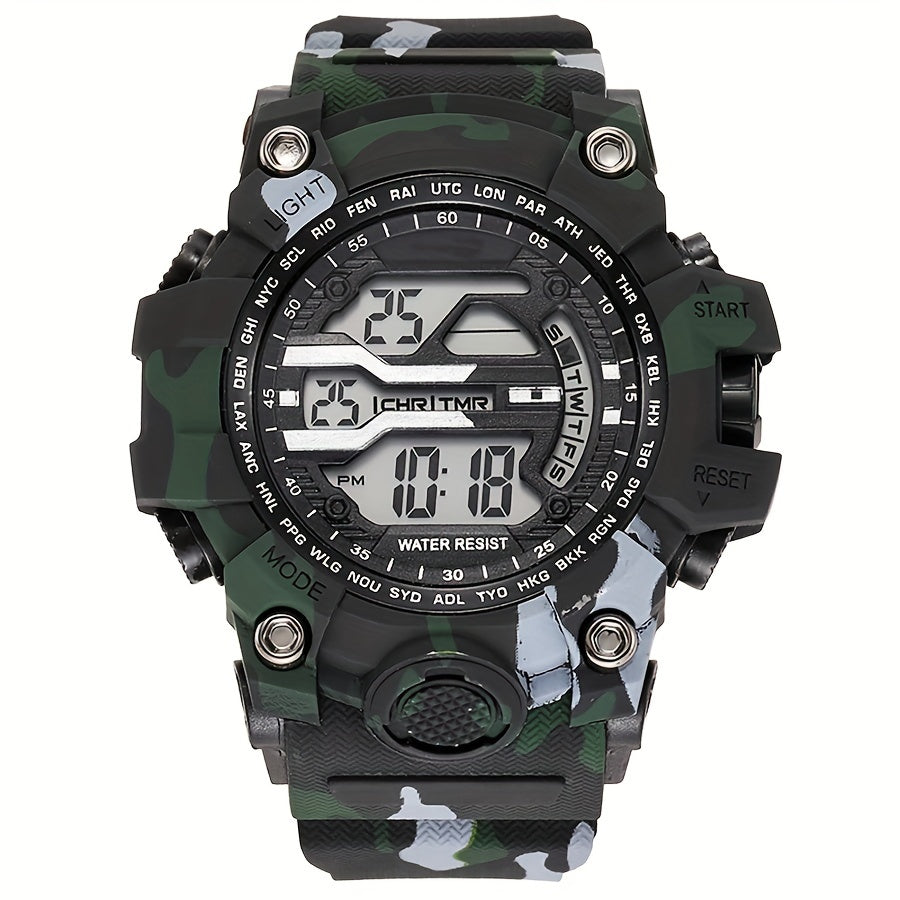 Boys' Camo Silicone Strap Digital Watch - Large Dial, Date & Week Display, Alarm, Chronograph, Luminous, Waterproof FS