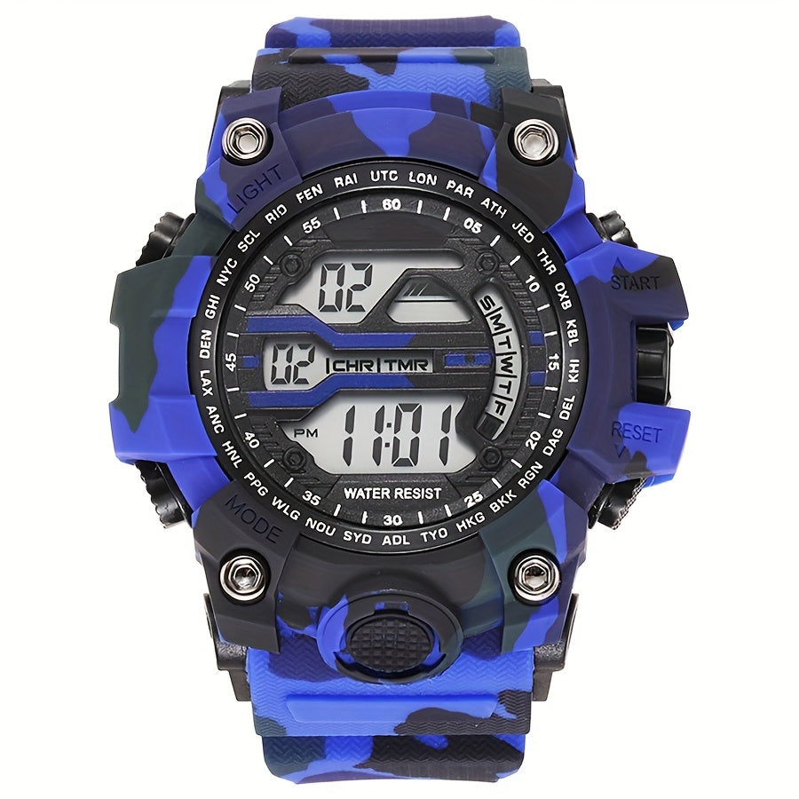 Boys' Camo Silicone Strap Digital Watch - Large Dial, Date & Week Display, Alarm, Chronograph, Luminous, Waterproof FS