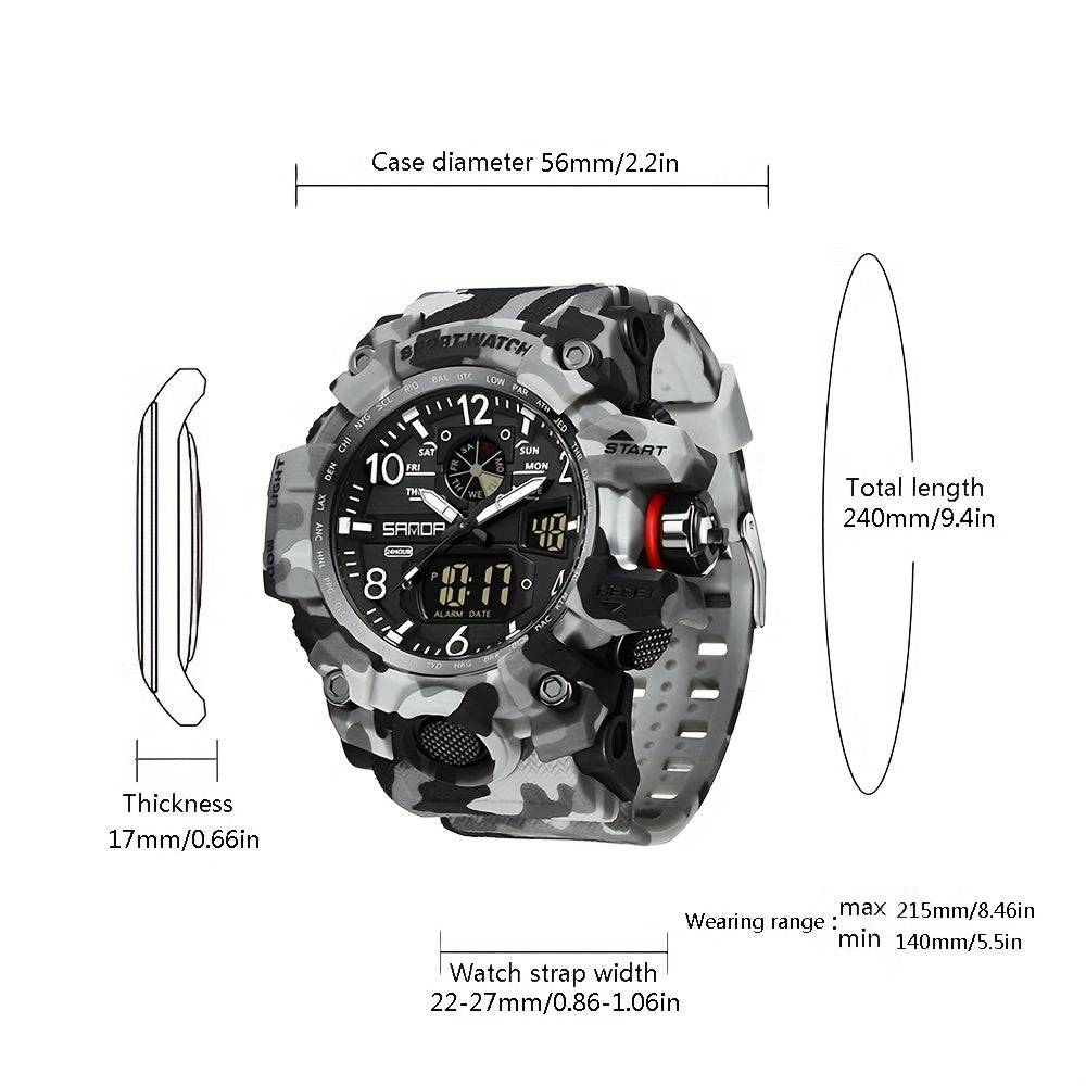 Men's Sports Watch, SANDA  Dual Display Quartz Movement, Round Dial with Stopwatch, Date, Alarm Clock, Luminous Multifunctional Tactical Wristwatch with TPU Strap FS