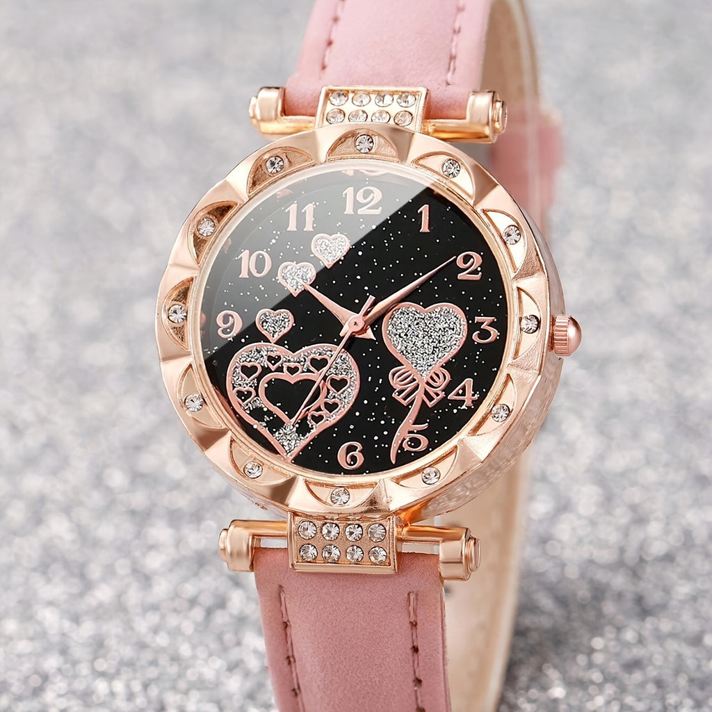 2pcs/set, girls' Fashion Cute PU Leather Girls Quartz Wrist Watch & Heart Bracelet Set, Ideal For Holiday Gift FS