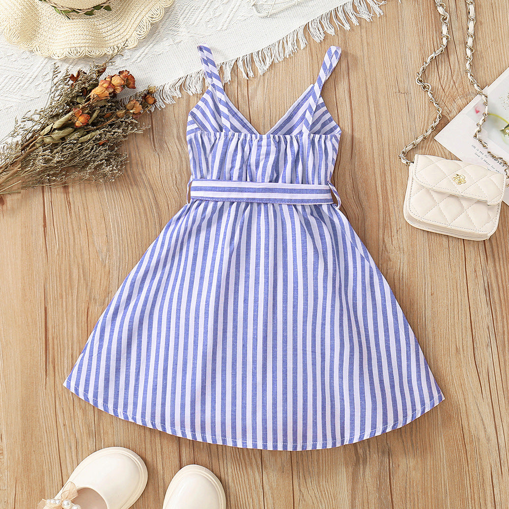 18M-6Y Toddler Girls Sling V-Neck Striped Strap Dresses