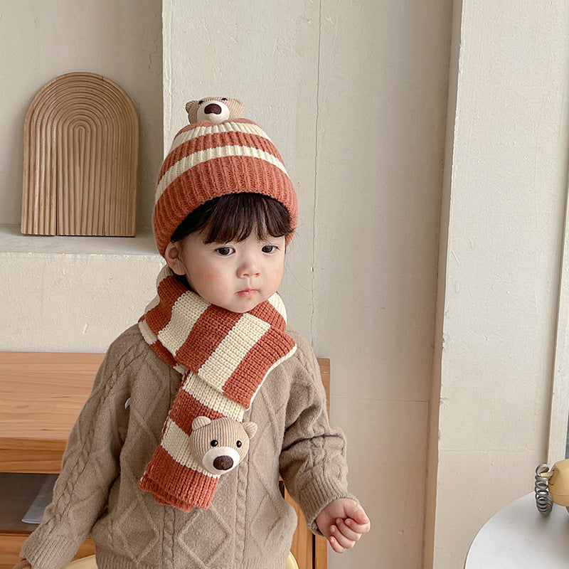 Striped Bear Scarf And Hat Beanie Set Kid Accessories