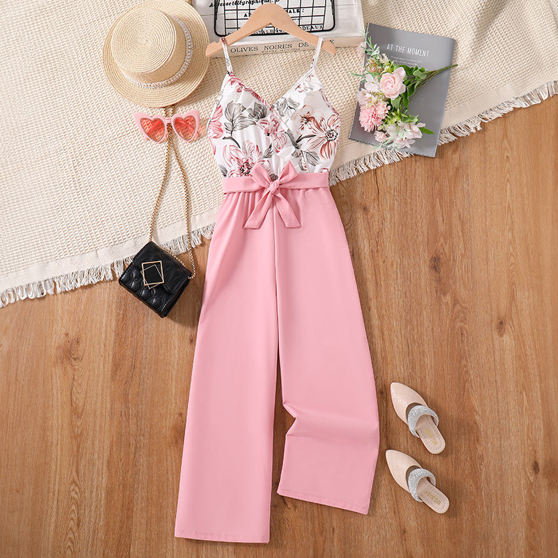 7-12Y Kids Girls Floral Spliced Sling Jumpsuit With Belt Clothing Kidswear Big Kids