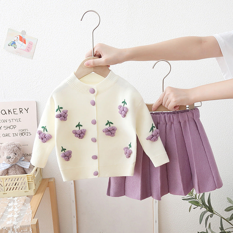 Toddler Girls 9M-4Y Embroidered Fruit Two-Piece Sets Cardigan Sweater And Skirts  Girls Clothes  Knitwear