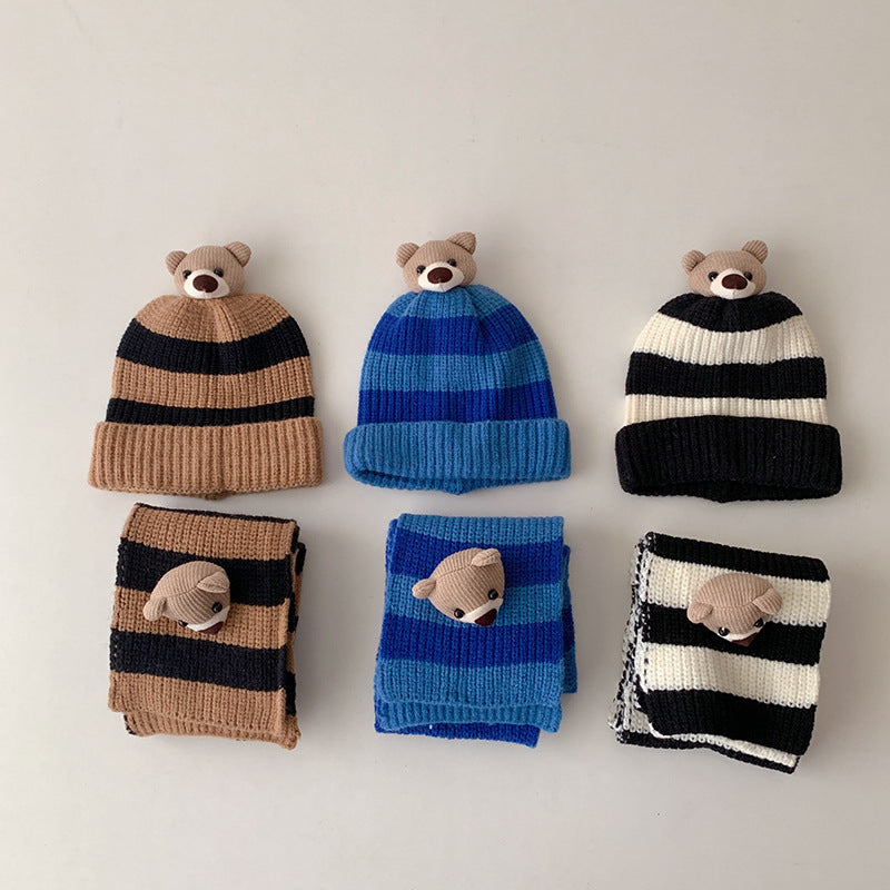 Striped Bear Scarf And Hat Beanie Set Kid Accessories