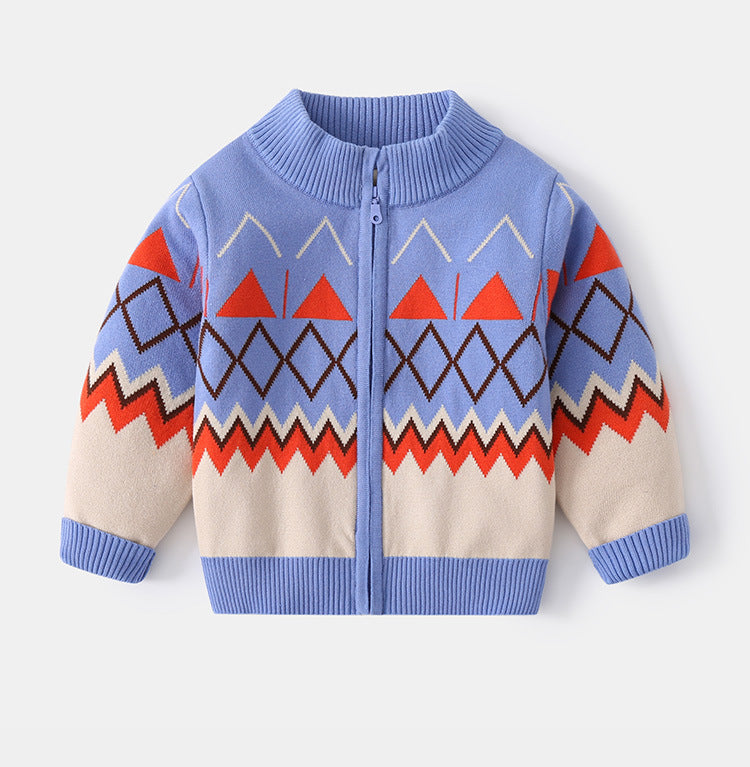 Kid Boy Knitted Geometric Pattern Printing Cardigan Sweater Cardigans