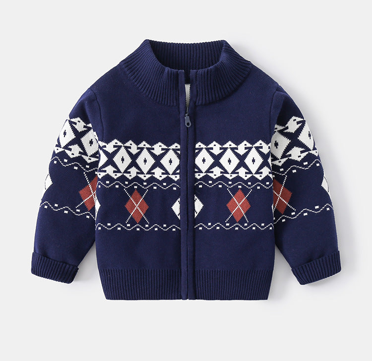 Kid Boy Knitted Geometric Pattern Printing Cardigan Sweater Cardigans