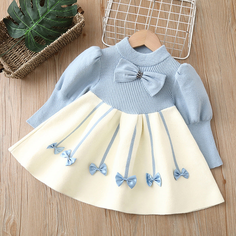 9M-8Y Kids Girls Bow Sweater Knitted Dresses Puff Sleeve