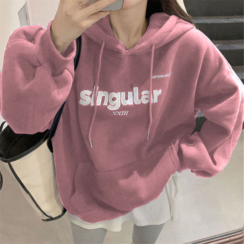 Fleece-lined Thickened Drawstring Hoodie Loose Letter Print Jacket Student Couple Clothes