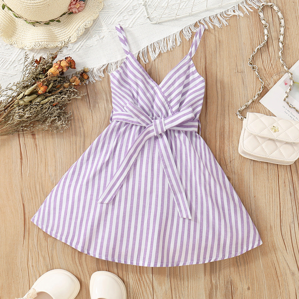 18M-6Y Toddler Girls Sling V-Neck Striped Strap Dresses