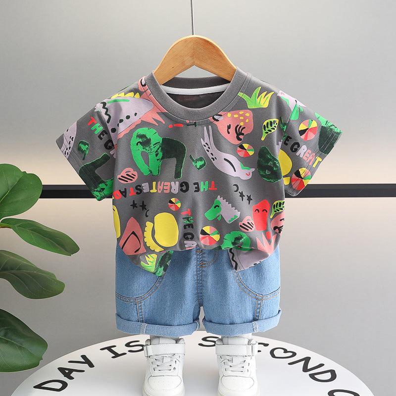 12M-5Y Toddler Boys Sets Fully Printed Cartoon Animal T-Shirts & Jeans