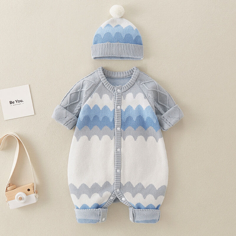 Baby Boys 0-18M Contrast Knitting Jumpsuit & Hairball Hats  Baby Clothing Knitwear