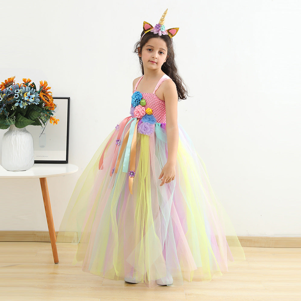 2-12Y Kids Girls Flower Mesh Tutu Princess Dresses With Headband