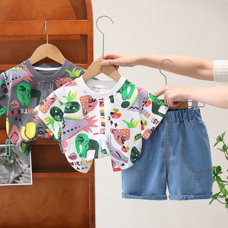 12M-5Y Toddler Boys Sets Fully Printed Cartoon Animal T-Shirts & Jeans