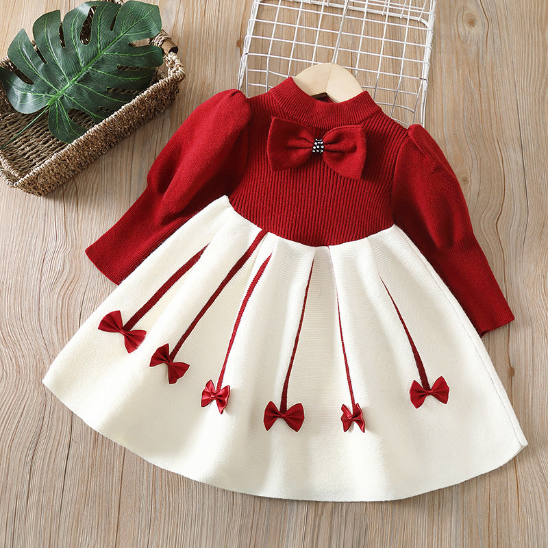 9M-8Y Kids Girls Bow Sweater Knitted Dresses Puff Sleeve