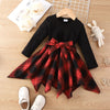 Toddler Girls 2-7Y Long-Sleeved Belted Patchwork Plaid Irregular Dress