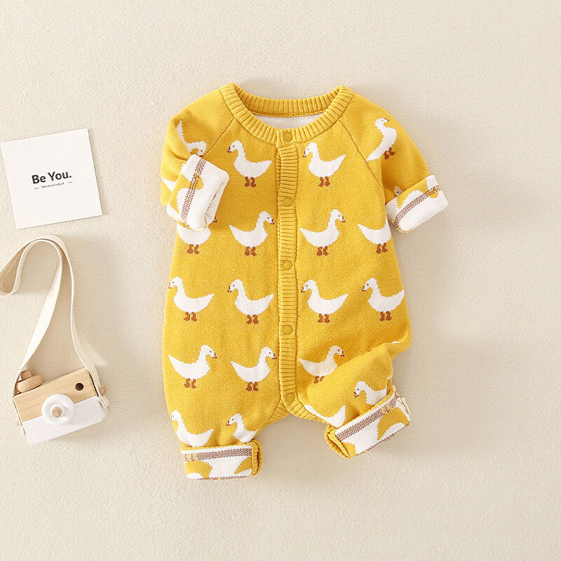 Baby 0-18M Duck Print Knitted Button Jumpsuit Baby Clothing  Knitwear