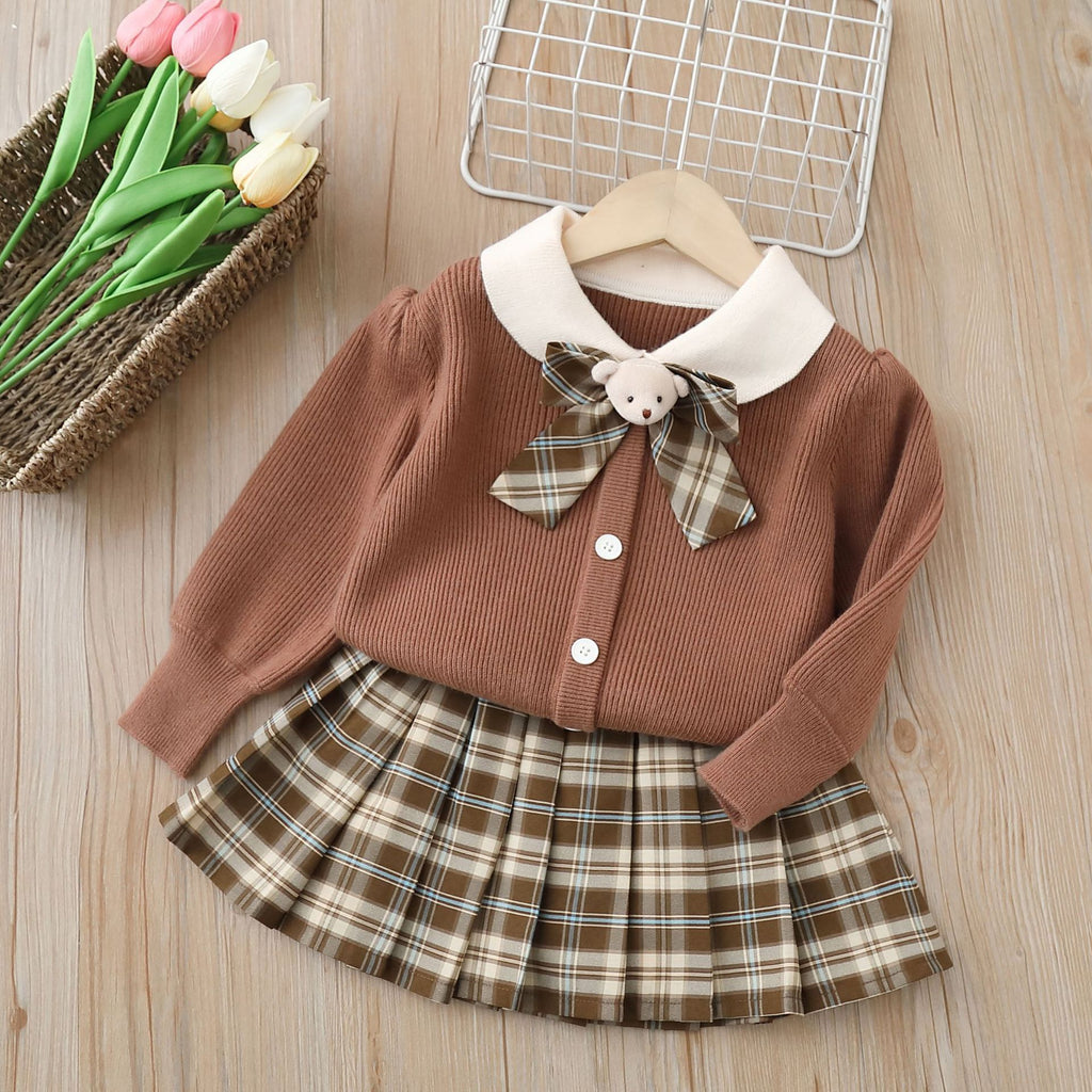 Toddler Girls 18M-6Y Sets Knitted Bowtie Cardigan Sweater Girls Clothes Knitwear