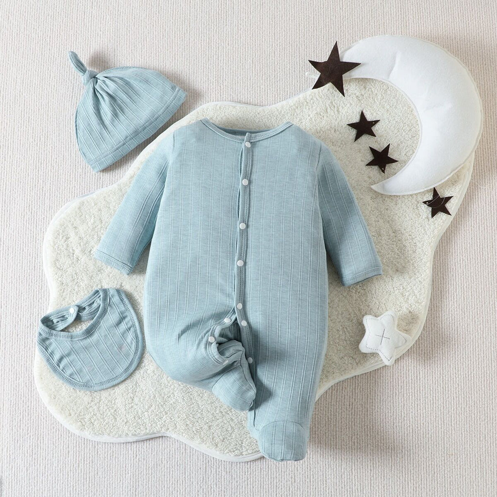 Newborn 0-9M Solid Color Long-Sleeved Footie Jumpsuit & Hats