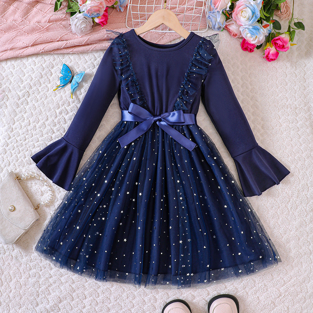 Kids Girls 4-9Y Bell Sleeve Star Mesh Princess Dress