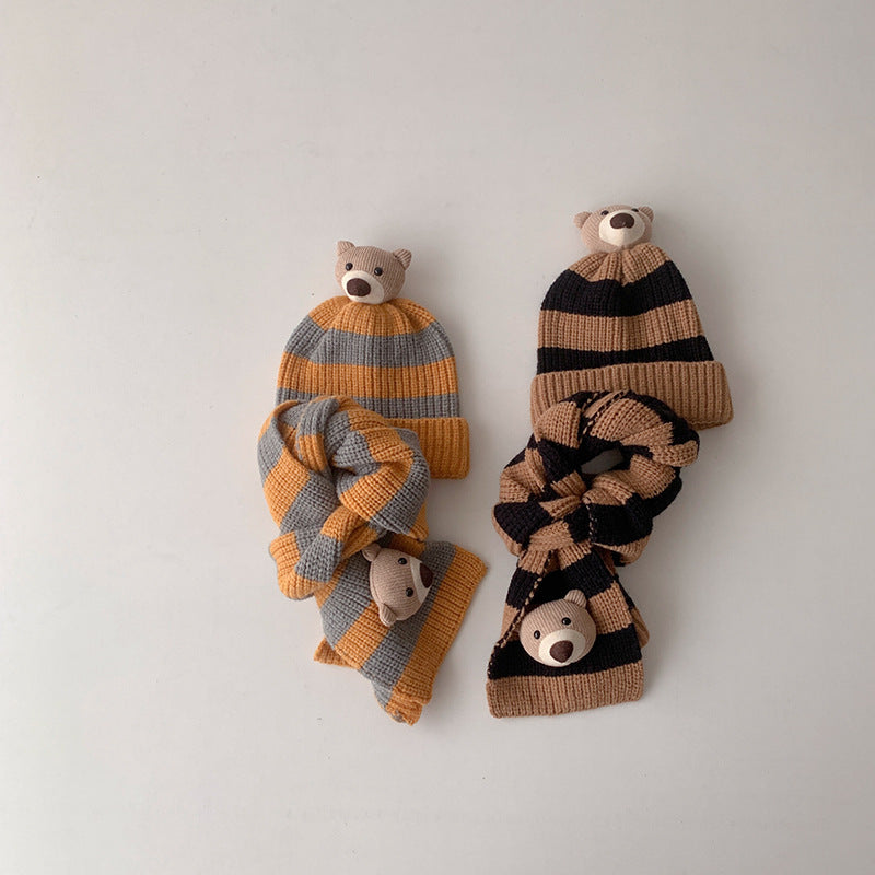 Striped Bear Scarf And Hat Beanie Set Kid Accessories