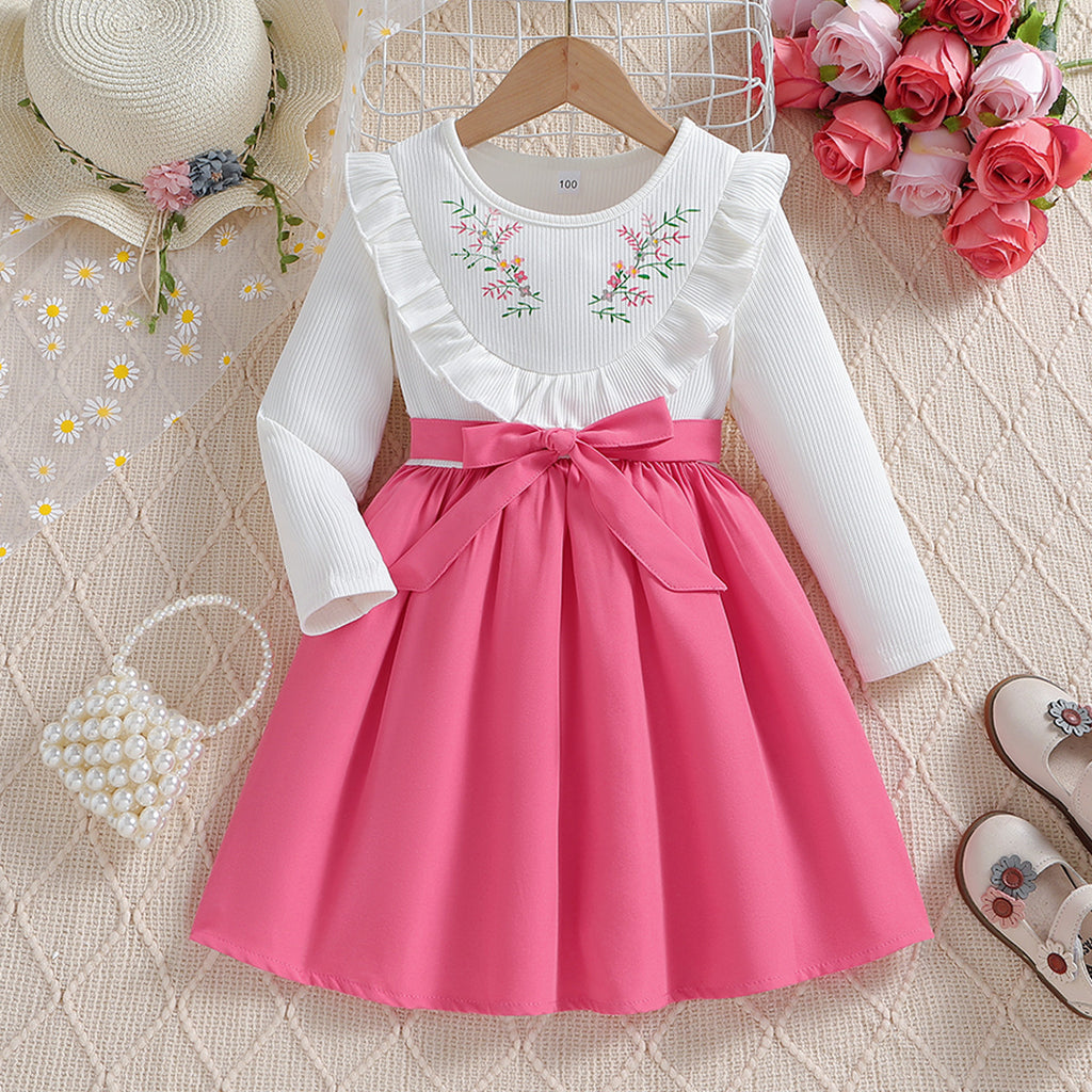 Toddler Girls 18M-6Y Floral Embroidered Dress With Belted Ruffles