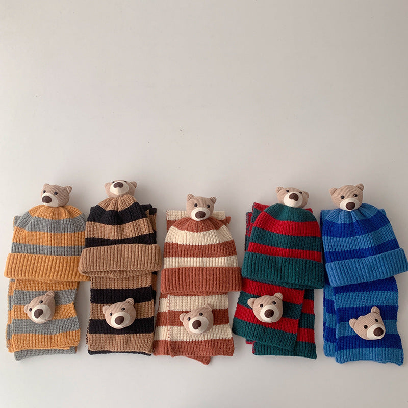 Striped Bear Scarf And Hat Beanie Set Kid Accessories