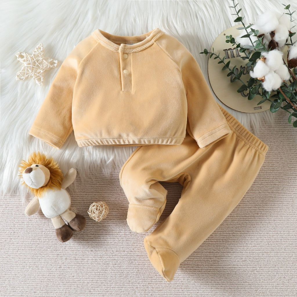 Newborn 0-6M Sets Solid Color Velvet Pullover And Footie Pants