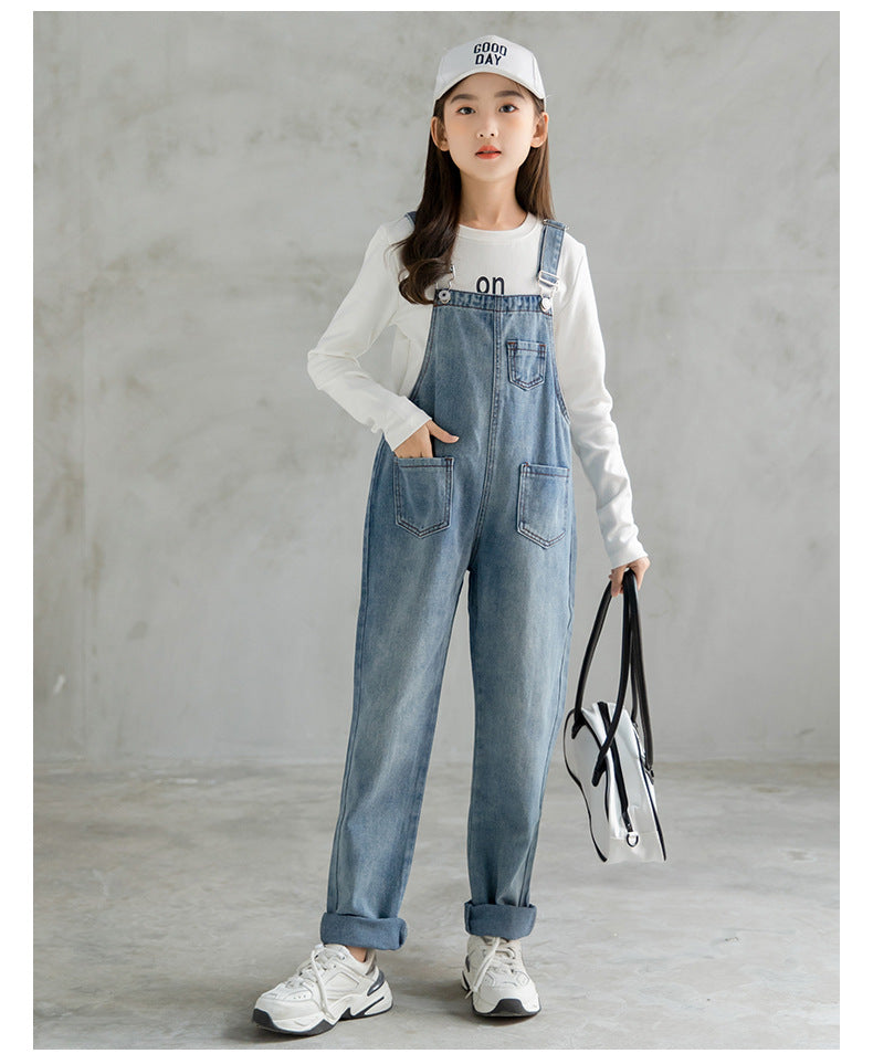 Casual Pocket Denim Girl 4-10Y Overalls Clothing Jumpsuits Jeans