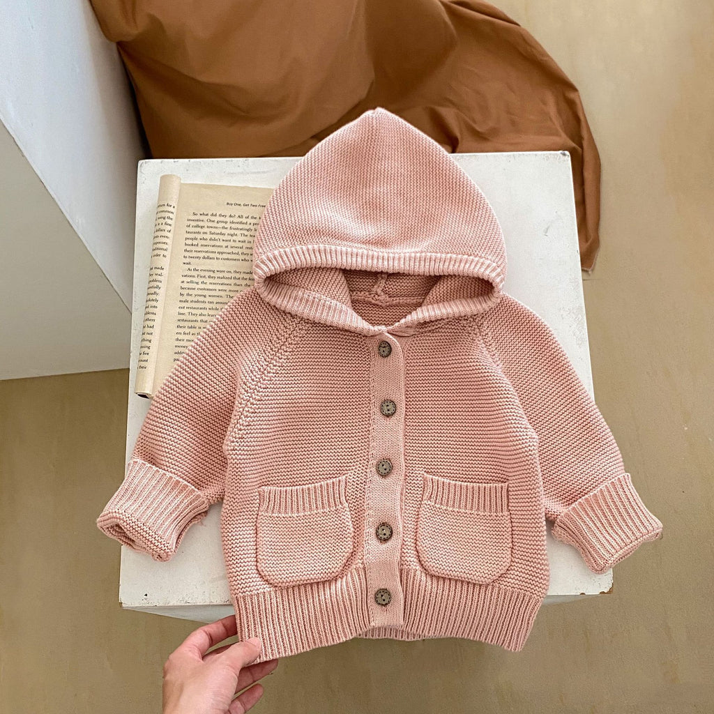 Baby 3-24M Solid Color Pocket Knitted Hooded Sweater Jackets Baby Clothes Knitwear