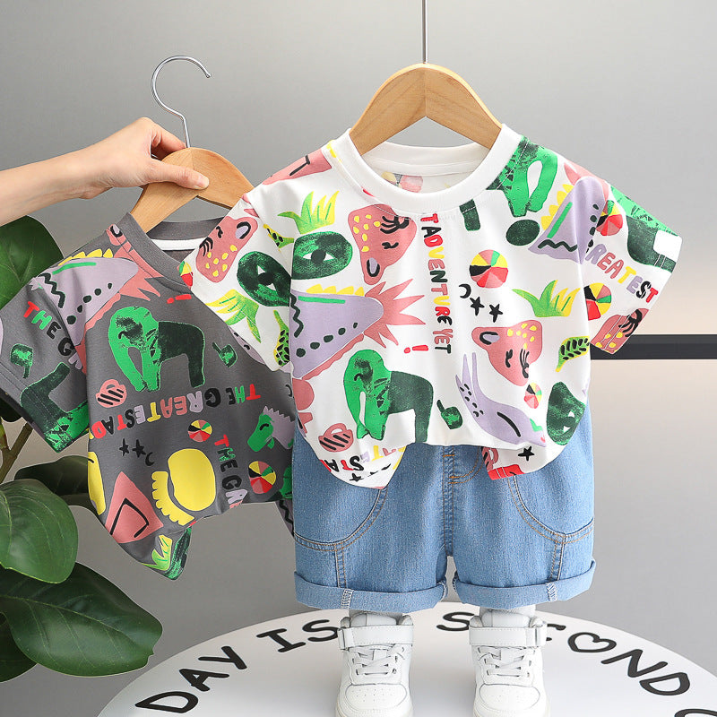 12M-5Y Toddler Boys Sets Fully Printed Cartoon Animal T-Shirts & Jeans