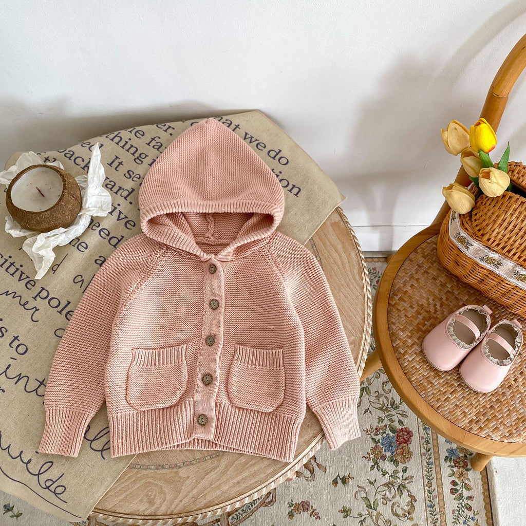 Baby 3-24M Solid Color Pocket Knitted Hooded Sweater Jackets Baby Clothes Knitwear