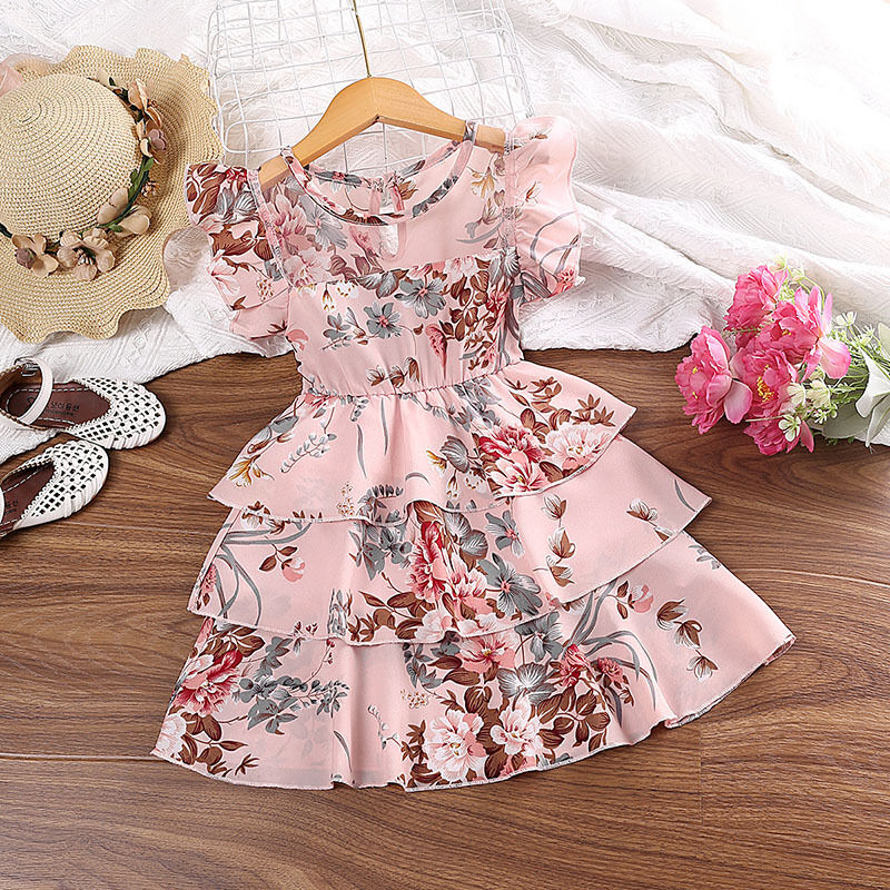 Toddler Girls 3-7Y Retro Floral Printed Flying Sleeve Princess Dress