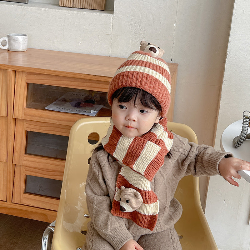 Striped Bear Scarf And Hat Beanie Set Kid Accessories