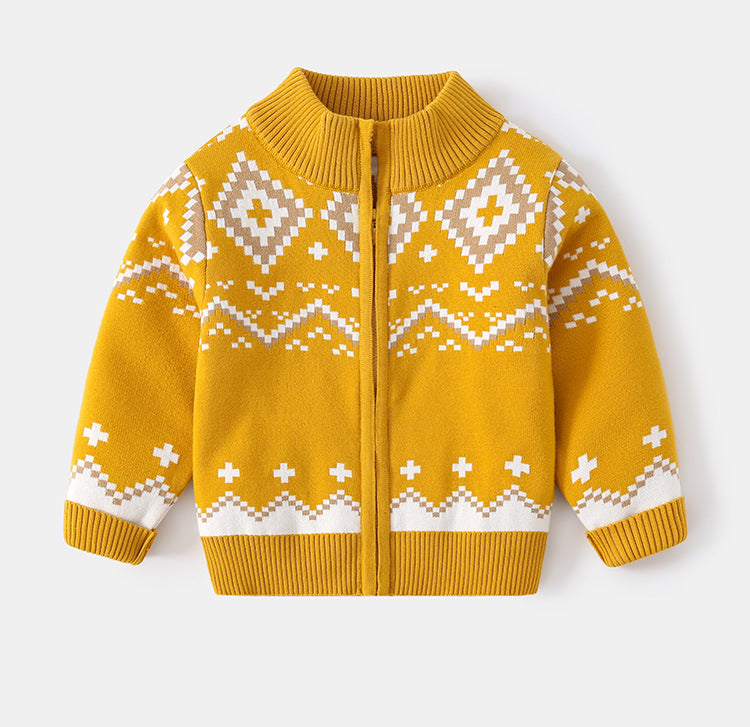 Kid Boy Knitted Geometric Pattern Printing Cardigan Sweater Cardigans