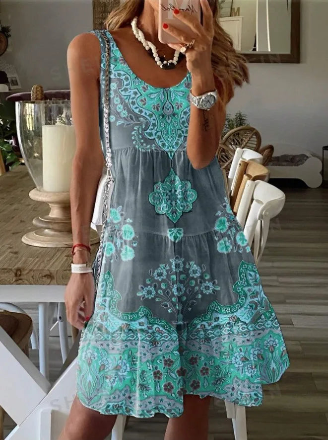 2024 AliExpress Europe and the United States Cross Border Summer Print Sleeveless V-Neck Vest Fashion Resort Print Dress Women