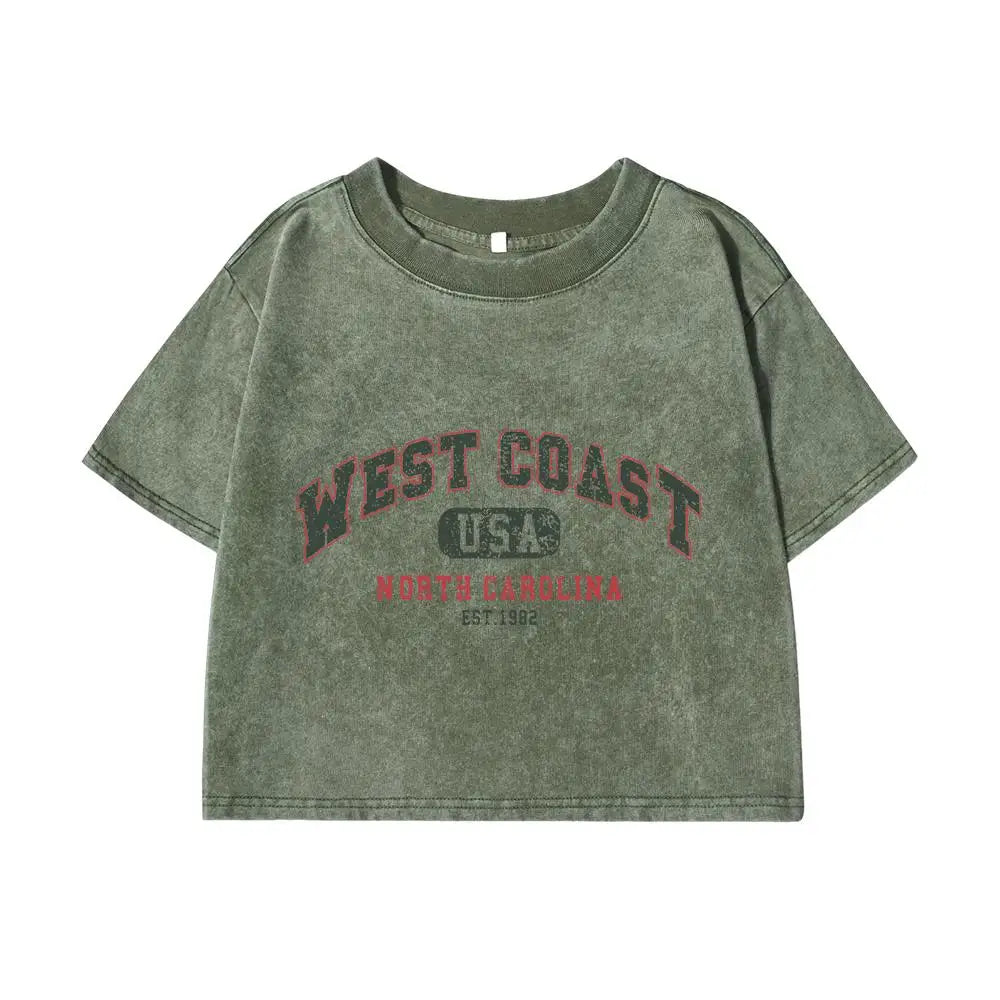 Womans Cotton Crop Tees Trend O-Neck Distressed Washed T-Shirts West Coast Usa North Carolina Prints Short Sleeve Street Clothes