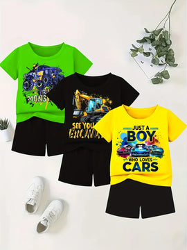 Casual Summer Outfits for Boys and Girls Cool Off-Road Printed Short-Sleeved T-Shirts and Shorts Everyday Cotton Summer Outfits