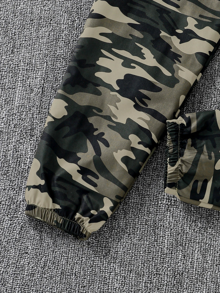 Children's Spring and Autumn Girls' Fashion 3-piece Short Sleeve Hoodie+Knitted Tank Top+Camouflage Pants - Military Green