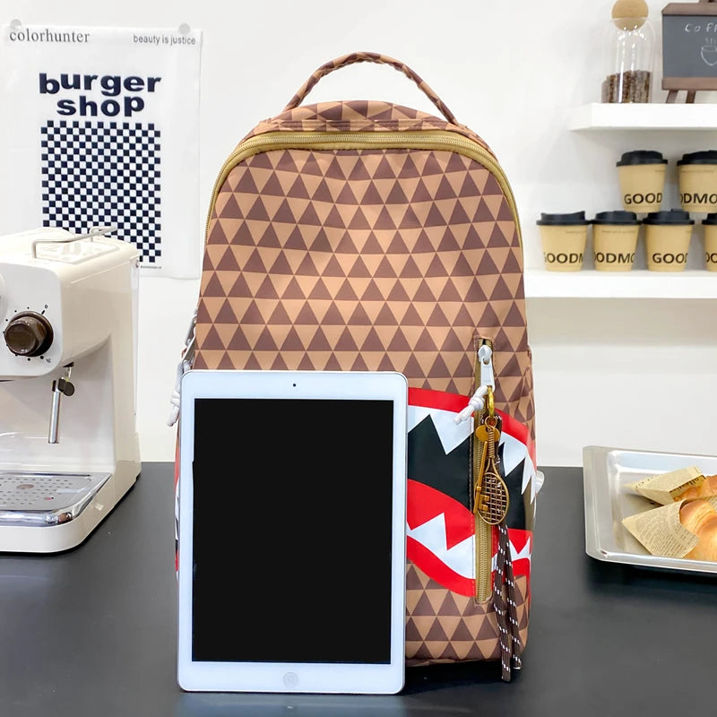 Tiptoegirls Triangle Plaid Backpack Casual College Student Schoolbag Big Mouth Pattern Travel Backpack Individual Nylon Rucksack