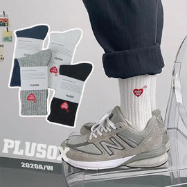 Couple Socks Same Style Balwenle European Fashionable Embroidered Heart Mid Calf Sports Socks Thick Line Knit Men's Socks