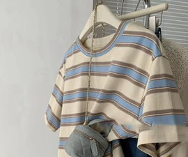 Fashion Striped Short Sleeved T-shirt Women Spring Summer Loose Versatile Top Retro O-neck Casual Harajuku Student Tee