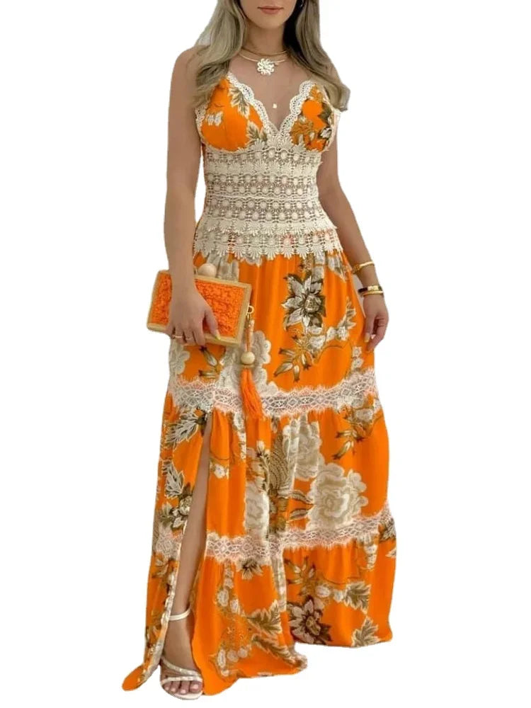 Vacation Dresses Women Floral Print Contrast Lace Split Hem Maxi Dress