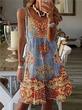 2024 AliExpress Europe and the United States Cross Border Summer Print Sleeveless V-Neck Vest Fashion Resort Print Dress Women