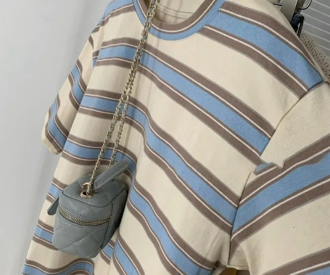 Fashion Striped Short Sleeved T-shirt Women Spring Summer Loose Versatile Top Retro O-neck Casual Harajuku Student Tee