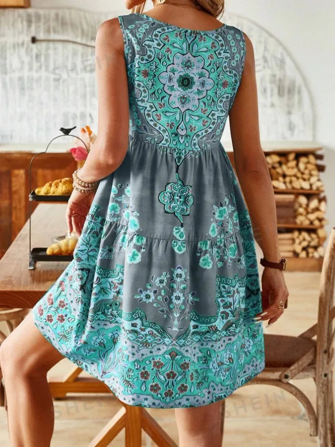 2024 AliExpress Europe and the United States Cross Border Summer Print Sleeveless V-Neck Vest Fashion Resort Print Dress Women