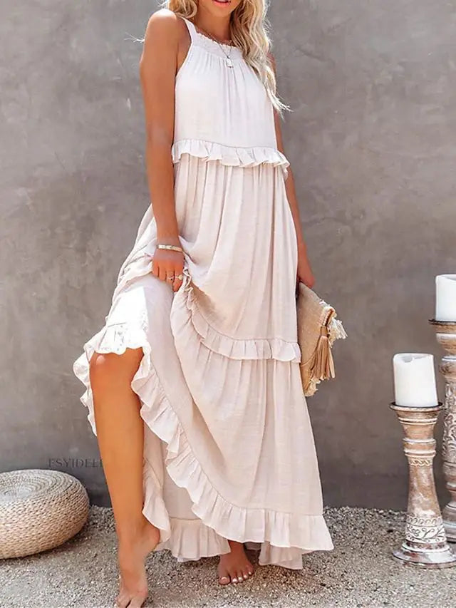 Women's Spring Summer New Collection Solid Color Vacation Style Fashionable Ruffle Edge Long Skirt Large Display Beach Skirt
